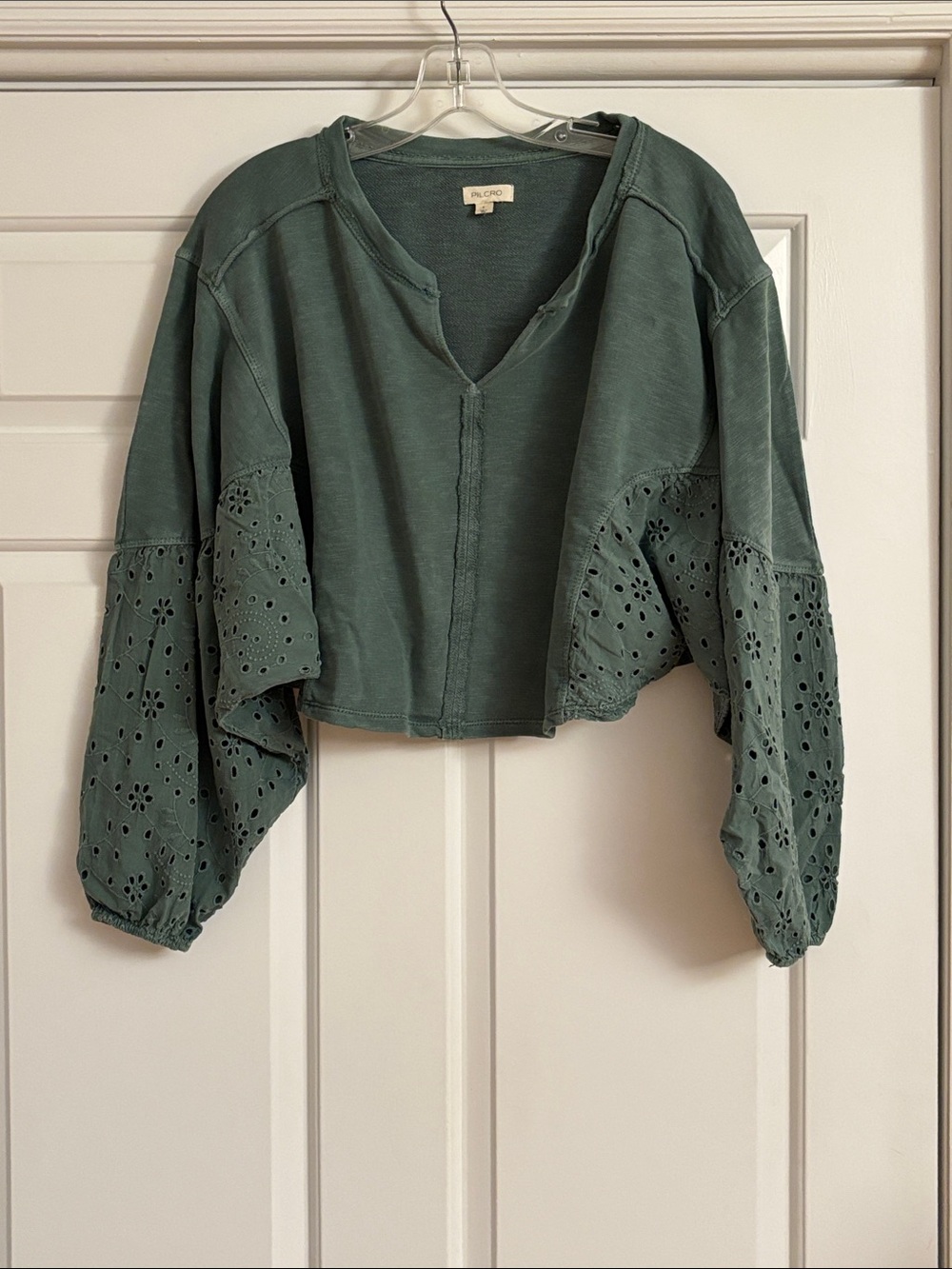 Anthropologie Pilcro Green Eyelet Balloon-Sleeve Cropped Top